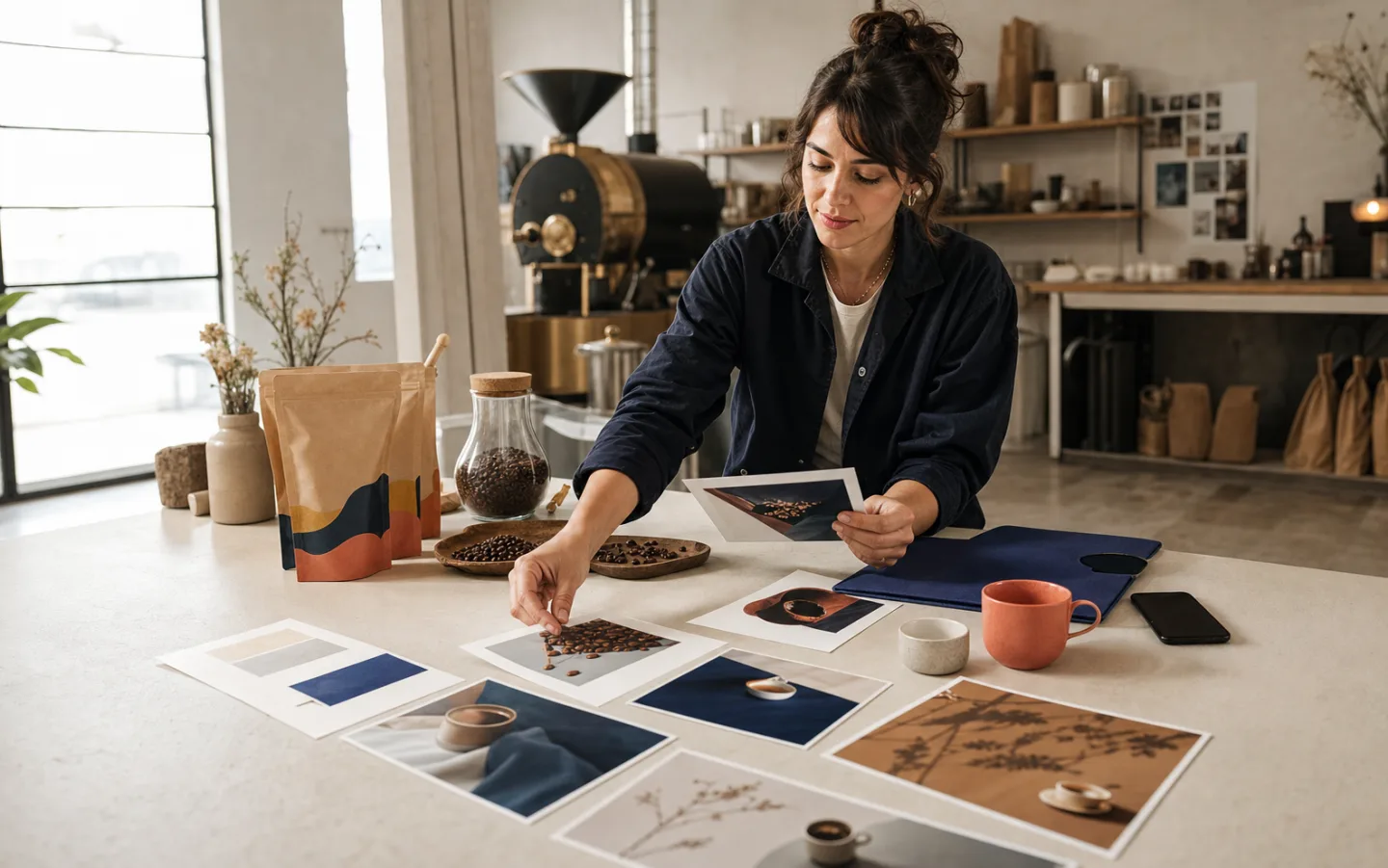 Brand operator reviewing campaign material at a studio table